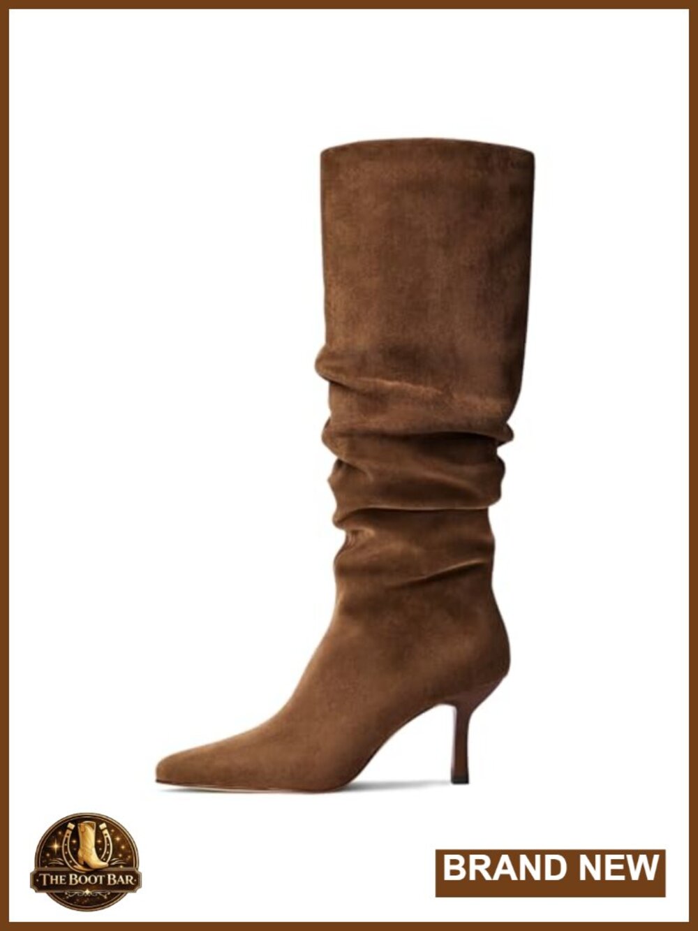 Suede Knee High Boots Pointed Toe Kitten Heel Ruched Slouch Pull On Zip